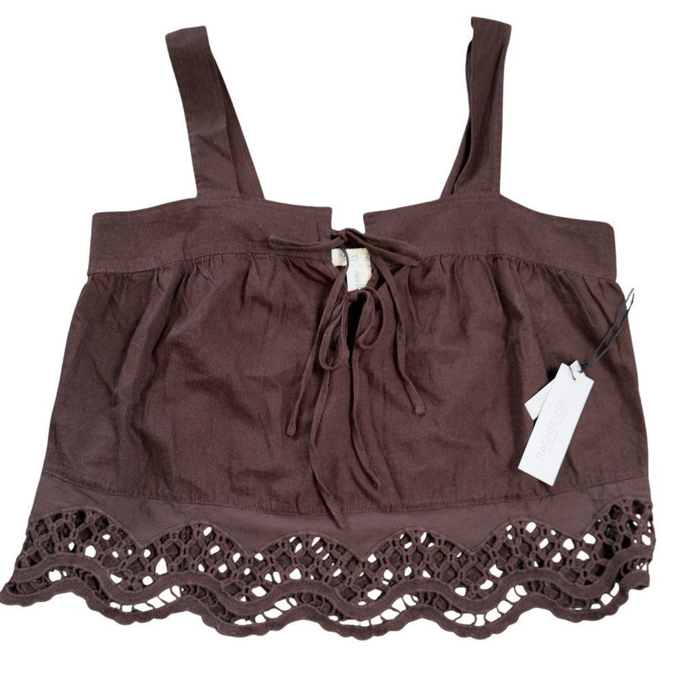 Rachel Zoe Women's Brown Cropped Eyelet Boho‎ Hippie Peasant Tank Top Size Large
